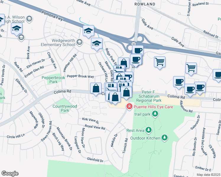 map of restaurants, bars, coffee shops, grocery stores, and more near 1769 Manor Gate Road in Hacienda Heights