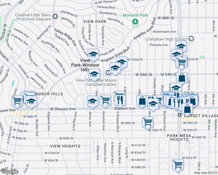 map of restaurants, bars, coffee shops, grocery stores, and more near 5601 South Harcourt Avenue in View Park-Windsor Hills