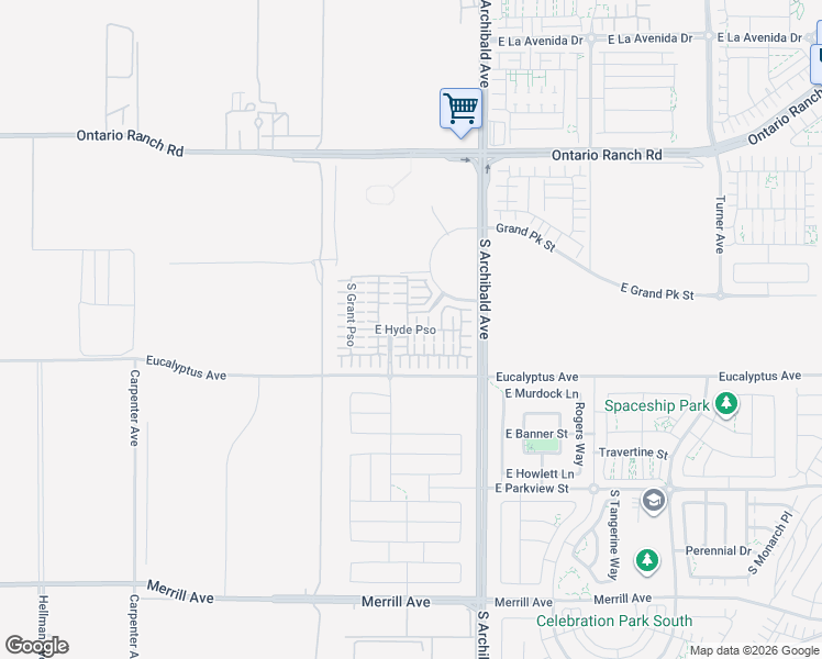 map of restaurants, bars, coffee shops, grocery stores, and more near 2605 East Hyde Paseo in Ontario