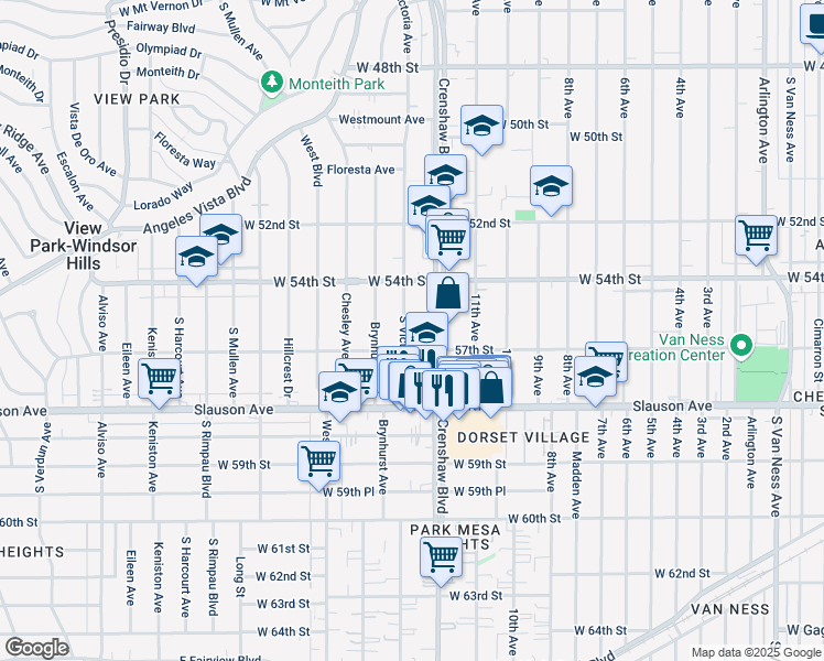 map of restaurants, bars, coffee shops, grocery stores, and more near 5454 South Victoria Avenue in Los Angeles