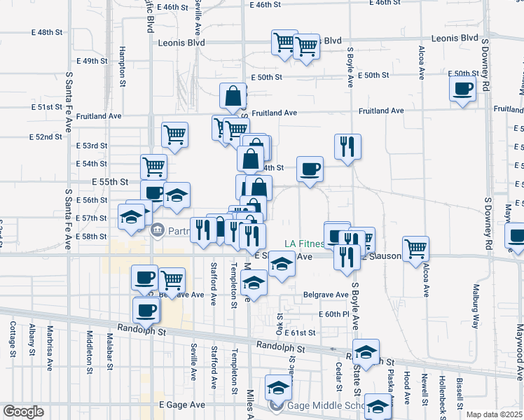 map of restaurants, bars, coffee shops, grocery stores, and more near 5608 South Boyle Avenue in Vernon