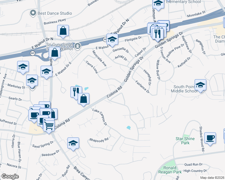 map of restaurants, bars, coffee shops, grocery stores, and more near 1348 Tierra Siesta in Walnut