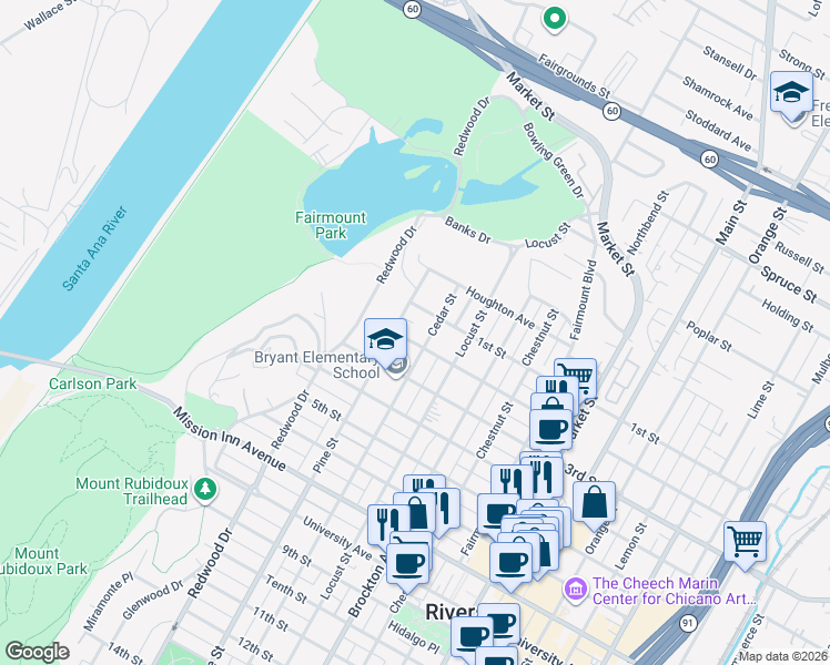map of restaurants, bars, coffee shops, grocery stores, and more near 4347 2nd Street in Riverside