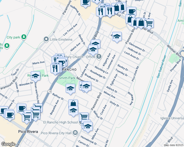 map of restaurants, bars, coffee shops, grocery stores, and more near 9140 Rosehedge Drive in Pico Rivera