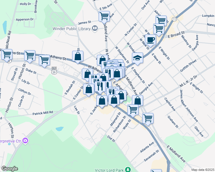 map of restaurants, bars, coffee shops, grocery stores, and more near 33 Laura Street in Winder