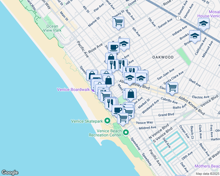 map of restaurants, bars, coffee shops, grocery stores, and more near 115 Breeze Avenue in Los Angeles