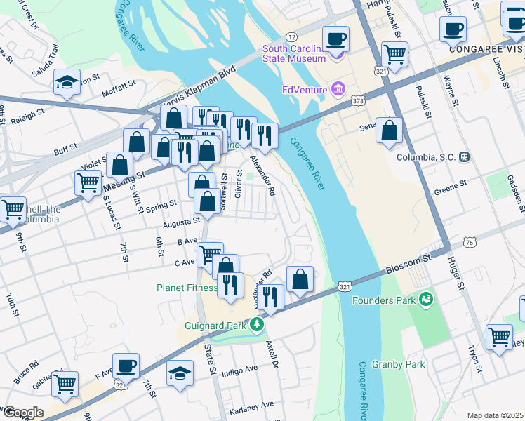 map of restaurants, bars, coffee shops, grocery stores, and more near 326 Carpenter Street in West Columbia