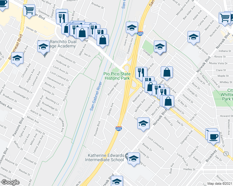 map of restaurants, bars, coffee shops, grocery stores, and more near 6209 Danby Avenue in Whittier