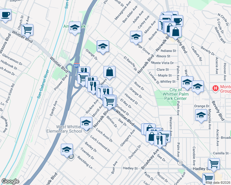 map of restaurants, bars, coffee shops, grocery stores, and more near 5906 Morrill Avenue in Whittier