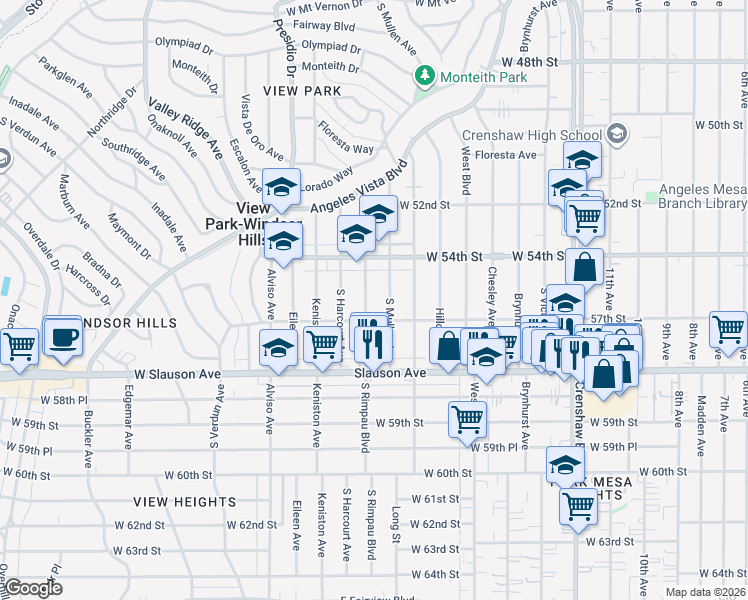 map of restaurants, bars, coffee shops, grocery stores, and more near 5600 South Rimpau Boulevard in View Park-Windsor Hills
