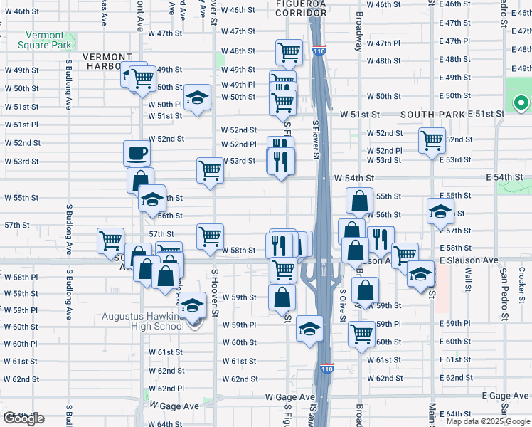 map of restaurants, bars, coffee shops, grocery stores, and more near 535 West 56th Street in Los Angeles