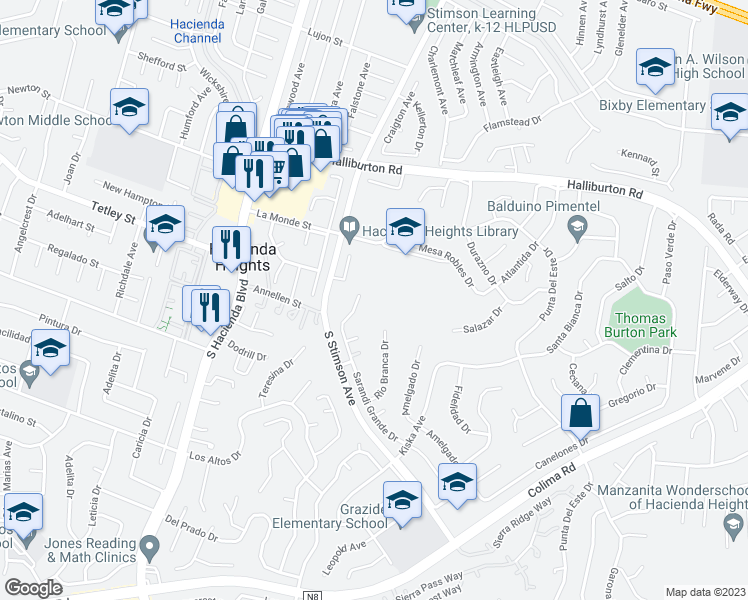 map of restaurants, bars, coffee shops, grocery stores, and more near 2300 Sarandi Grande Drive in Hacienda Heights