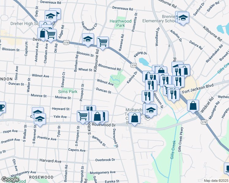 map of restaurants, bars, coffee shops, grocery stores, and more near 3942 Wilmot Ave in Columbia