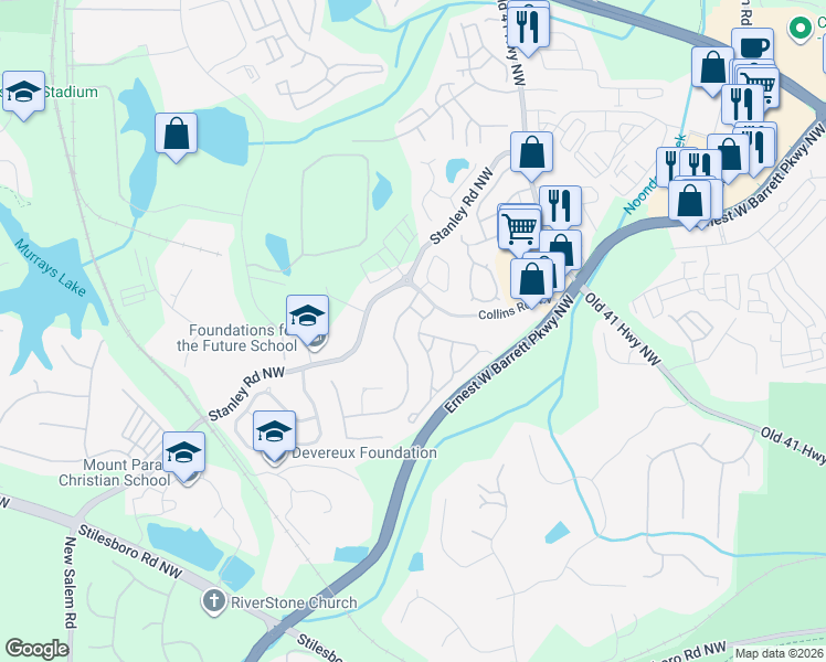 map of restaurants, bars, coffee shops, grocery stores, and more near 1606 Donovan's Ridge in Kennesaw