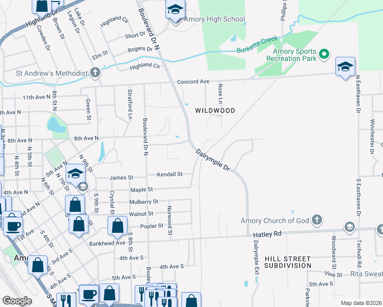 map of restaurants, bars, coffee shops, grocery stores, and more near 803 Dalrymple Drive in Amory