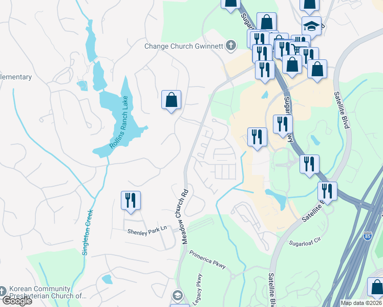 map of restaurants, bars, coffee shops, grocery stores, and more near 2605 Meadow Church Road Northwest in Duluth