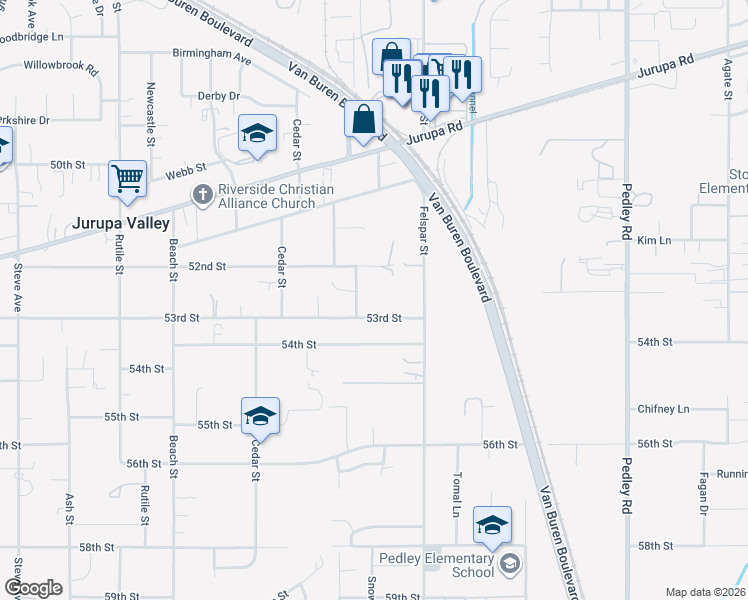 map of restaurants, bars, coffee shops, grocery stores, and more near 9283 53rd Street in Riverside