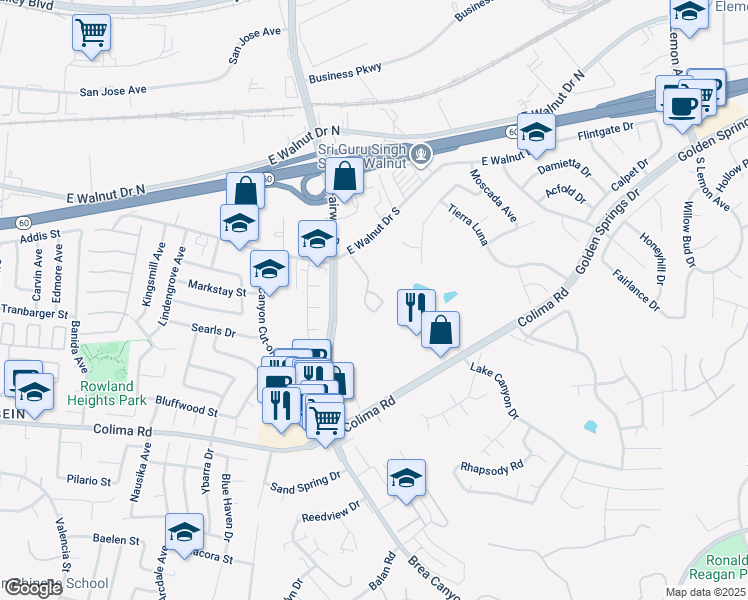 map of restaurants, bars, coffee shops, grocery stores, and more near 1356 Bellavista Drive in Walnut