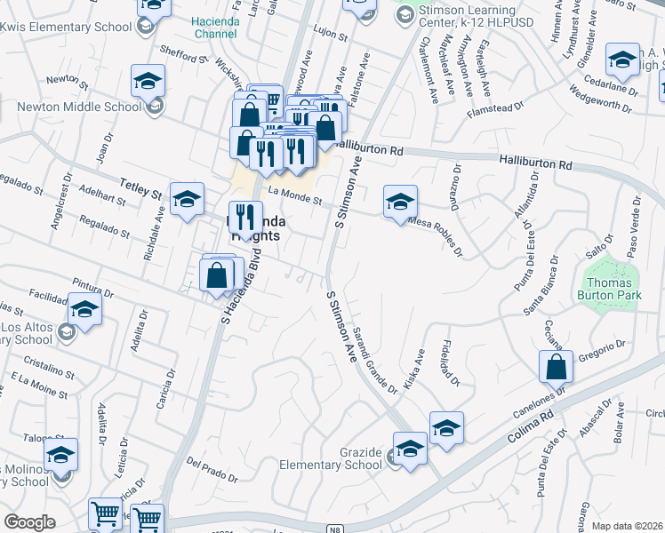 map of restaurants, bars, coffee shops, grocery stores, and more near 2330 South Stimson Avenue in Hacienda Heights