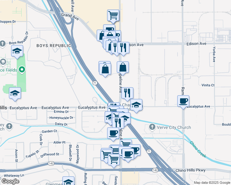 map of restaurants, bars, coffee shops, grocery stores, and more near 4093 Grand Avenue in Chino