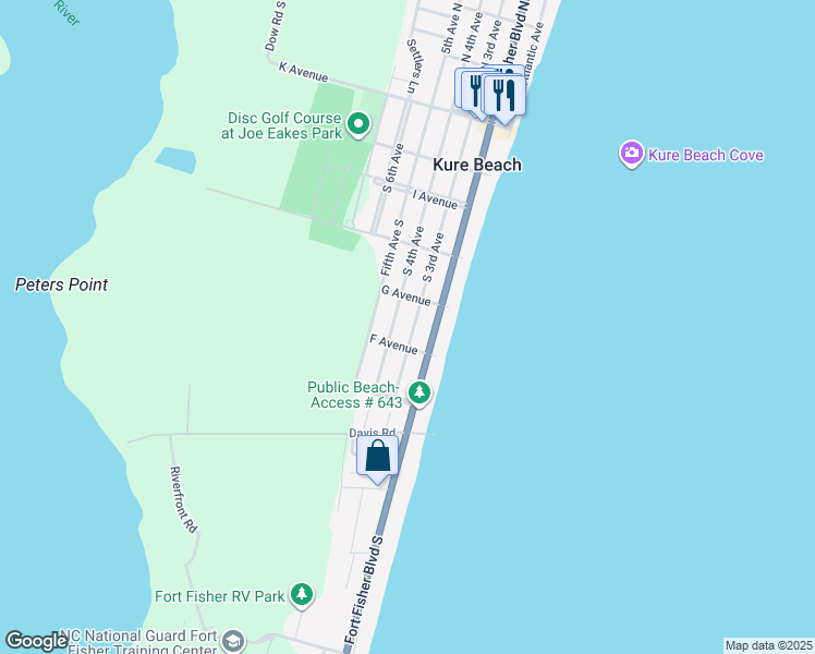 map of restaurants, bars, coffee shops, grocery stores, and more near 526 S 3rd Ave in Kure Beach