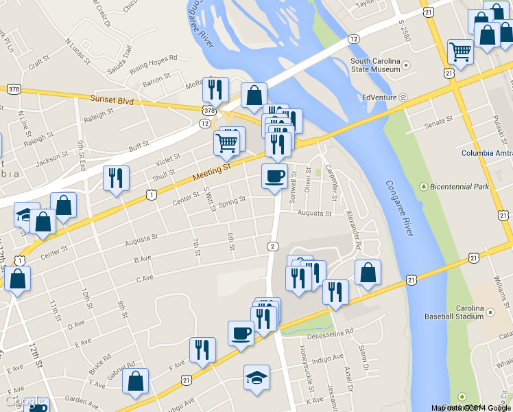 map of restaurants, bars, coffee shops, grocery stores, and more near 315 Shuler St in West Columbia