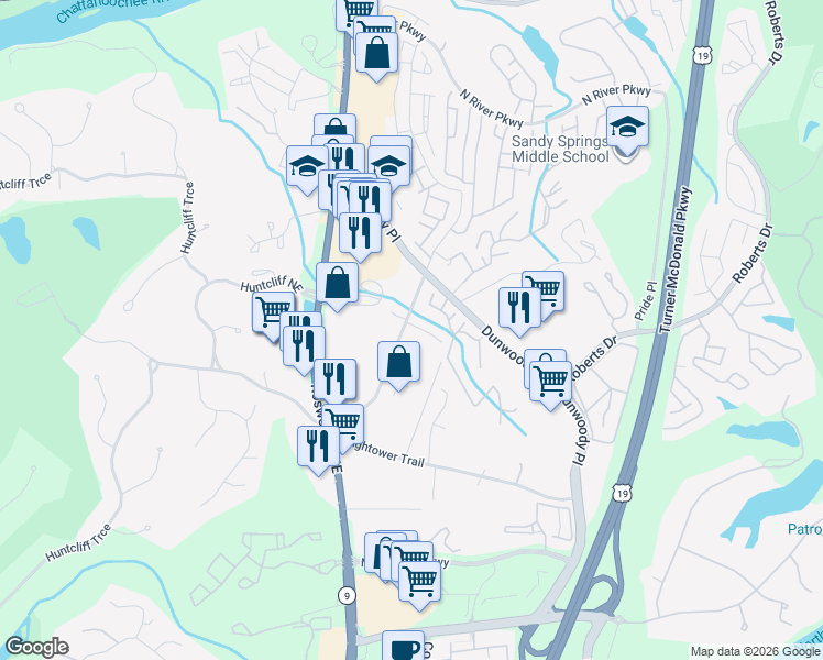 map of restaurants, bars, coffee shops, grocery stores, and more near 1199 Apperley Place in Sandy Springs