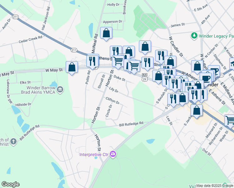 map of restaurants, bars, coffee shops, grocery stores, and more near 133 Lily Drive in Winder
