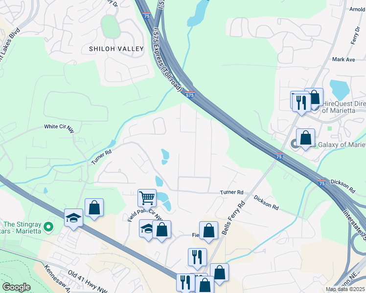 map of restaurants, bars, coffee shops, grocery stores, and more near 1630 Sheridan Drive in Marietta