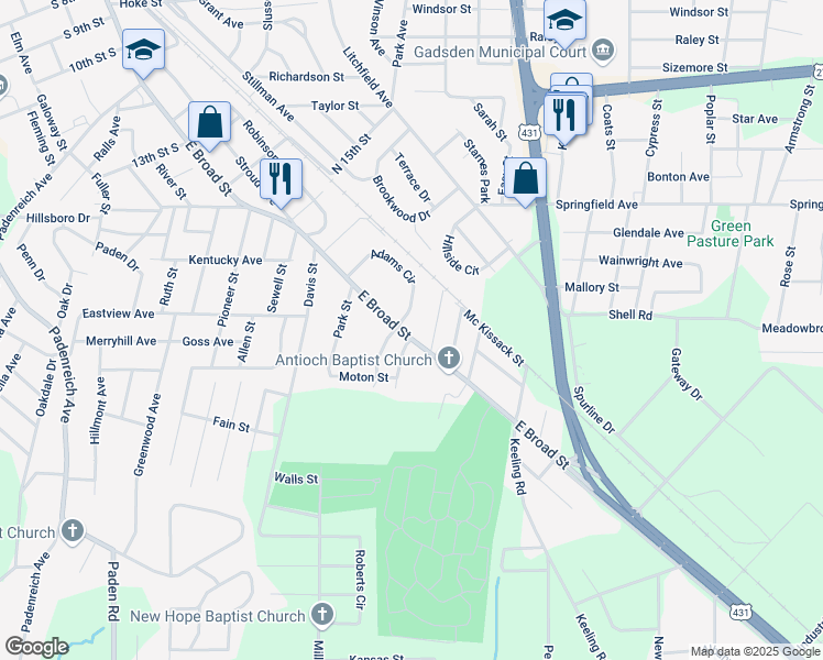 map of restaurants, bars, coffee shops, grocery stores, and more near 20 Mc Kissack Street in Gadsden