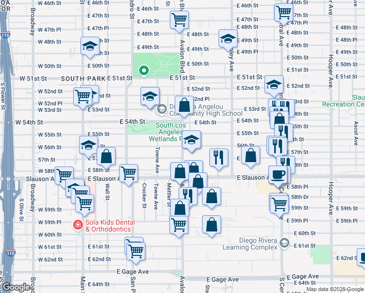 map of restaurants, bars, coffee shops, grocery stores, and more near Avalon Boulevard & East 56th Street in Los Angeles