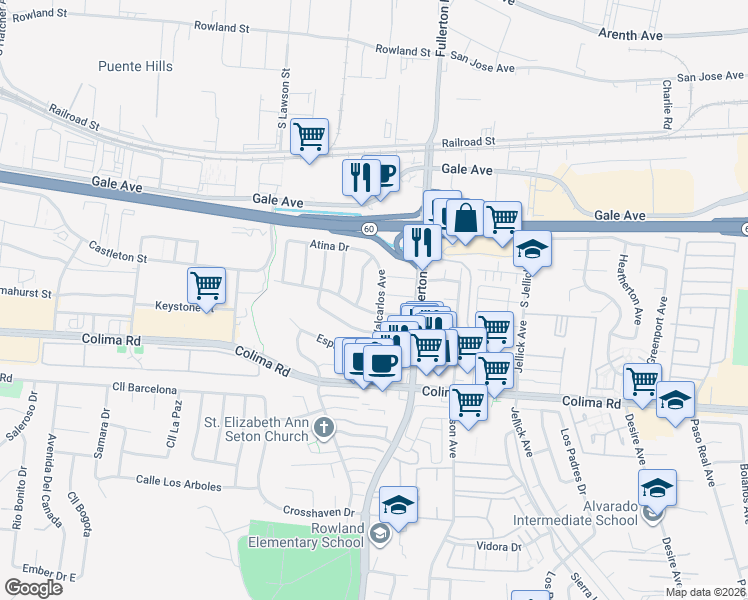 map of restaurants, bars, coffee shops, grocery stores, and more near 1469 Valcarlos Avenue in Rowland Heights
