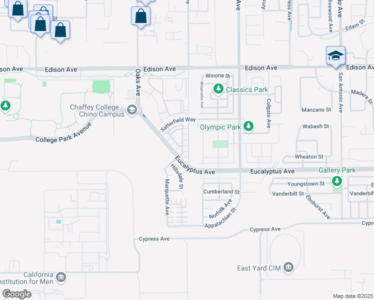 map of restaurants, bars, coffee shops, grocery stores, and more near 14421 Penn Foster Street in Chino