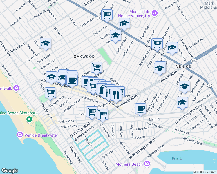 map of restaurants, bars, coffee shops, grocery stores, and more near 634 Milwood Avenue in Los Angeles