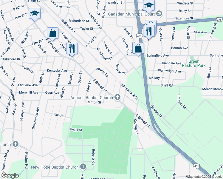 map of restaurants, bars, coffee shops, grocery stores, and more near 20 Mc Kissack Street in Gadsden