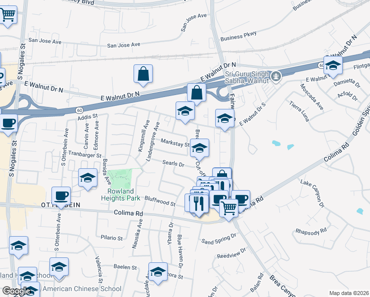 map of restaurants, bars, coffee shops, grocery stores, and more near 19584 Markstay Street in Rowland Heights