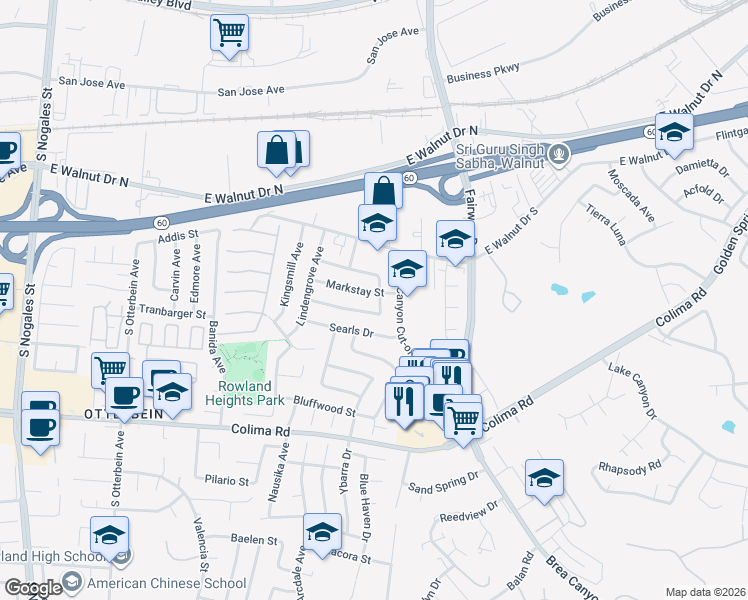 map of restaurants, bars, coffee shops, grocery stores, and more near 19584 Markstay Street in Rowland Heights