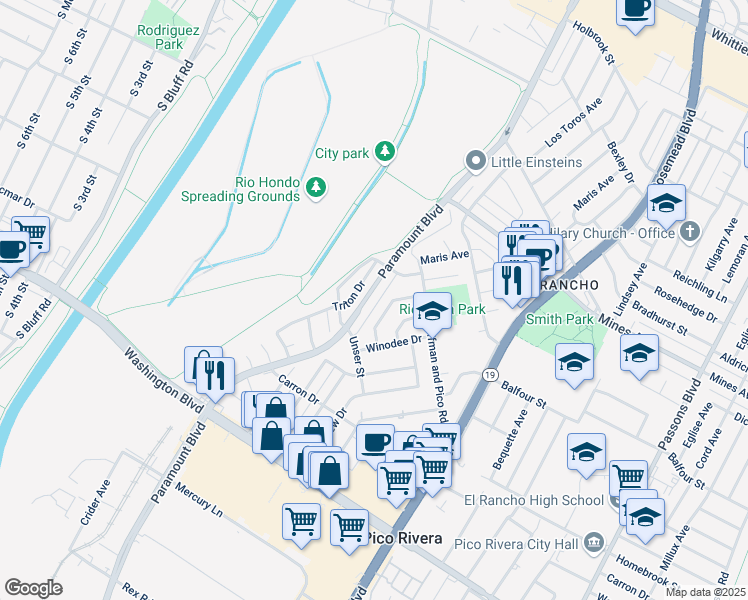 map of restaurants, bars, coffee shops, grocery stores, and more near 6342 Paramount Boulevard in Pico Rivera