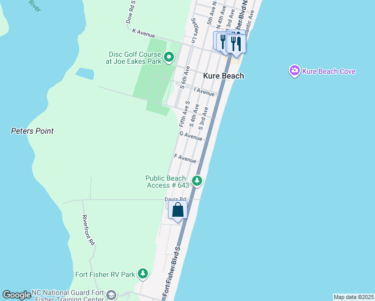 map of restaurants, bars, coffee shops, grocery stores, and more near 526 South 3rd Avenue in Kure Beach