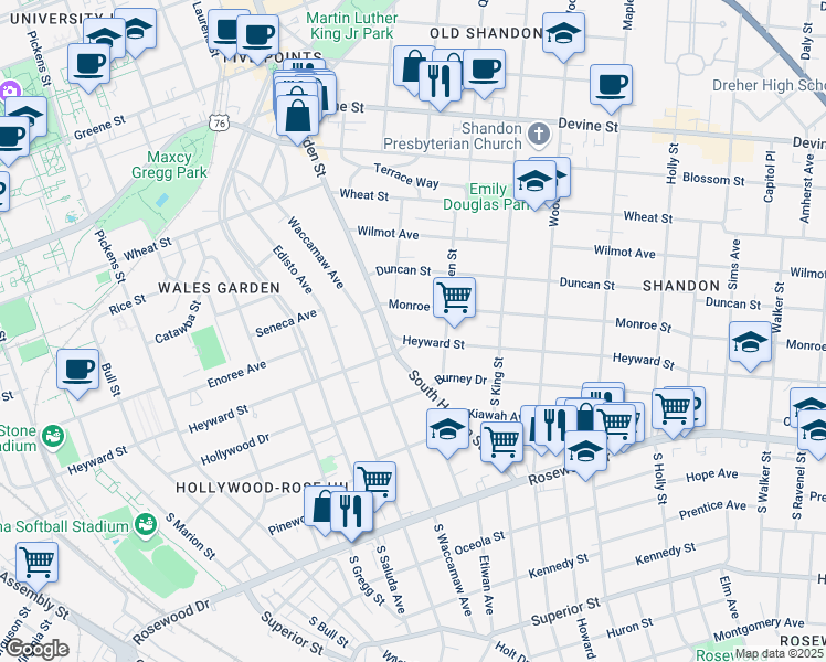 map of restaurants, bars, coffee shops, grocery stores, and more near 2415 Heyward Street in Columbia