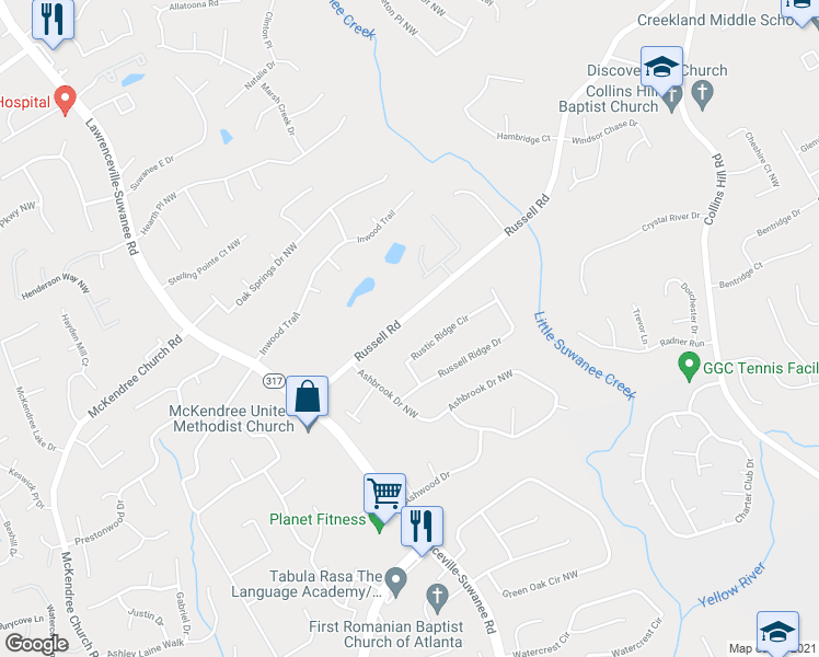 map of restaurants, bars, coffee shops, grocery stores, and more near 448 Russell Road in Lawrenceville