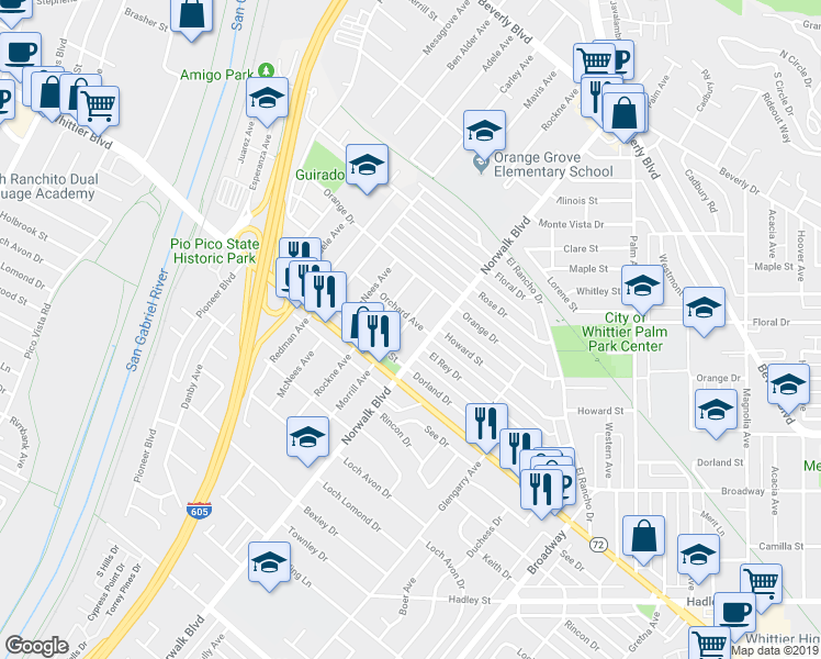map of restaurants, bars, coffee shops, grocery stores, and more near 5906 Morrill Avenue in Whittier