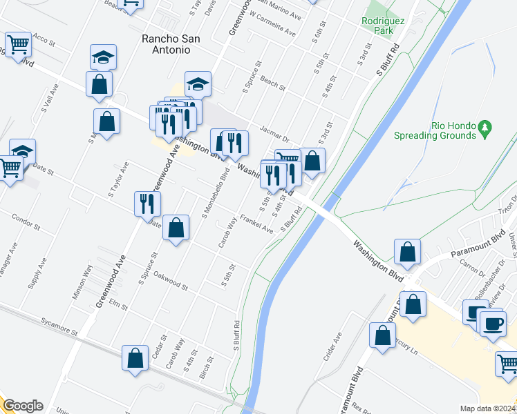 map of restaurants, bars, coffee shops, grocery stores, and more near 1037 South 5th Street in Montebello