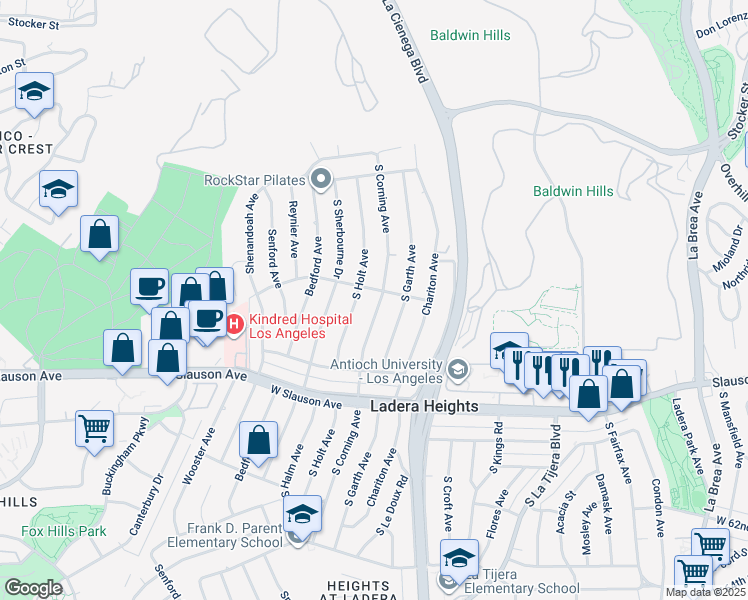 map of restaurants, bars, coffee shops, grocery stores, and more near 5511 South Corning Avenue in Los Angeles