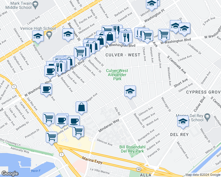 map of restaurants, bars, coffee shops, grocery stores, and more near 4224 Lyceum Avenue in Los Angeles