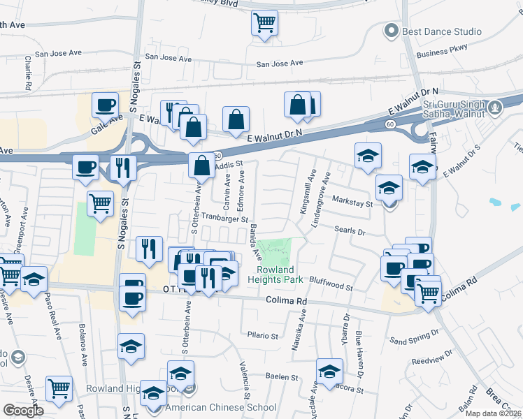 map of restaurants, bars, coffee shops, grocery stores, and more near 19356 Legacy Pl in Rowland Heights