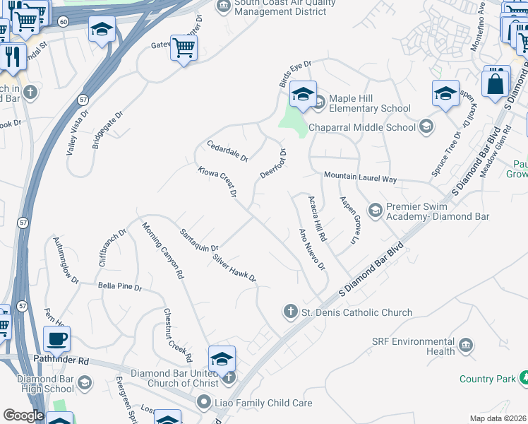 map of restaurants, bars, coffee shops, grocery stores, and more near 1636 Kiowa Crest Drive in Diamond Bar