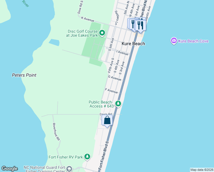 map of restaurants, bars, coffee shops, grocery stores, and more near 533 Fifth Avenue South in Kure Beach