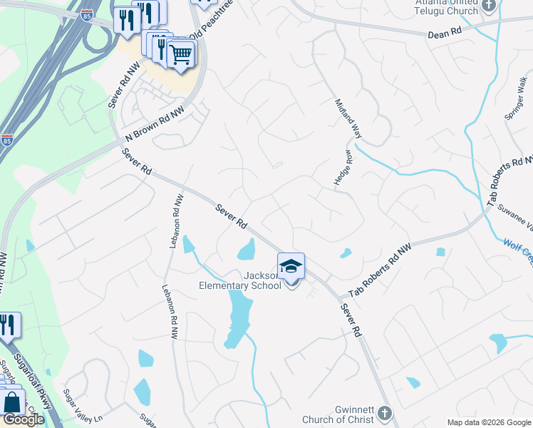 map of restaurants, bars, coffee shops, grocery stores, and more near 2562 Bechers Brook in Lawrenceville