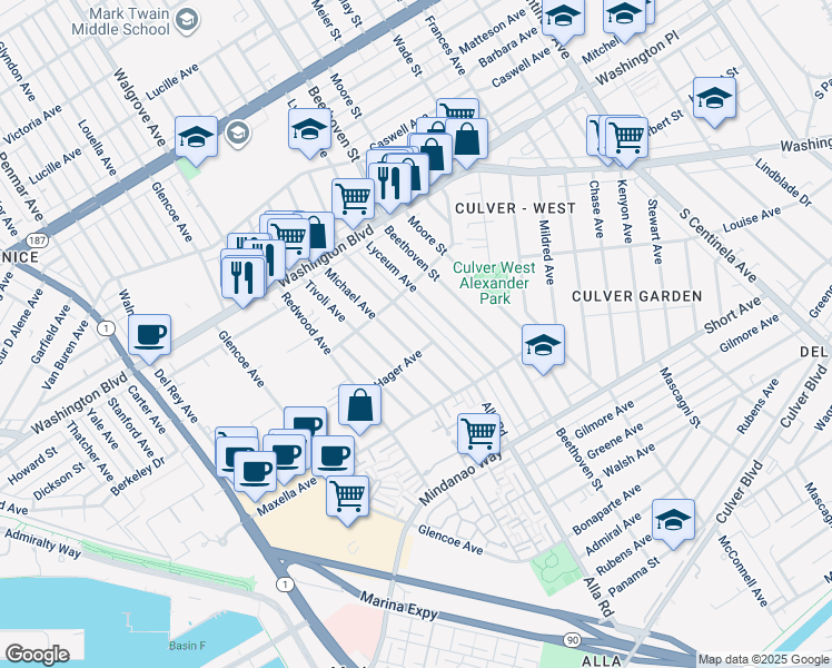 map of restaurants, bars, coffee shops, grocery stores, and more near 4143 Alla Road in Los Angeles